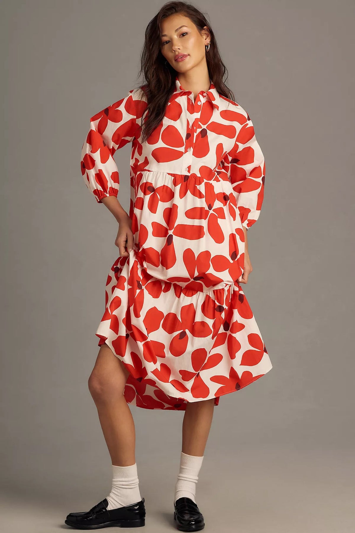 Peach Floral Print A-line Dress with Puff Sleeves and Collar - Polyester Fabric