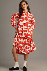 Peach Floral Print A-line Dress with Puff Sleeves and Collar - Polyester Fabric