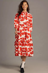 Peach Floral Print A-line Dress with Puff Sleeves and Collar - Polyester Fabric