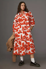 Peach Floral Print A-line Dress with Puff Sleeves and Collar - Polyester Fabric