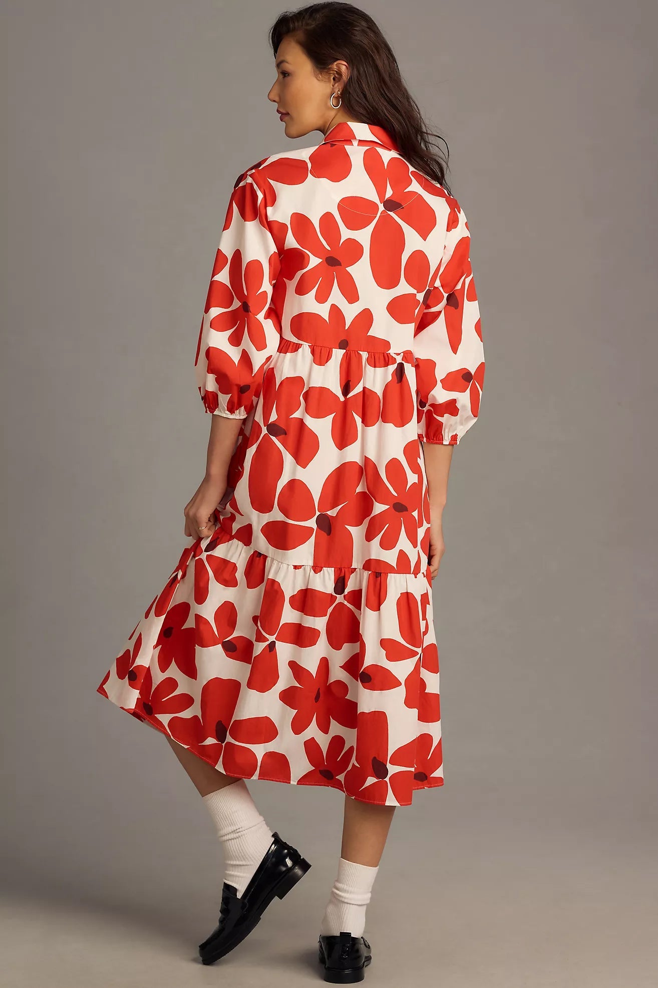 Peach Floral Print A-line Dress with Puff Sleeves and Collar - Polyester Fabric