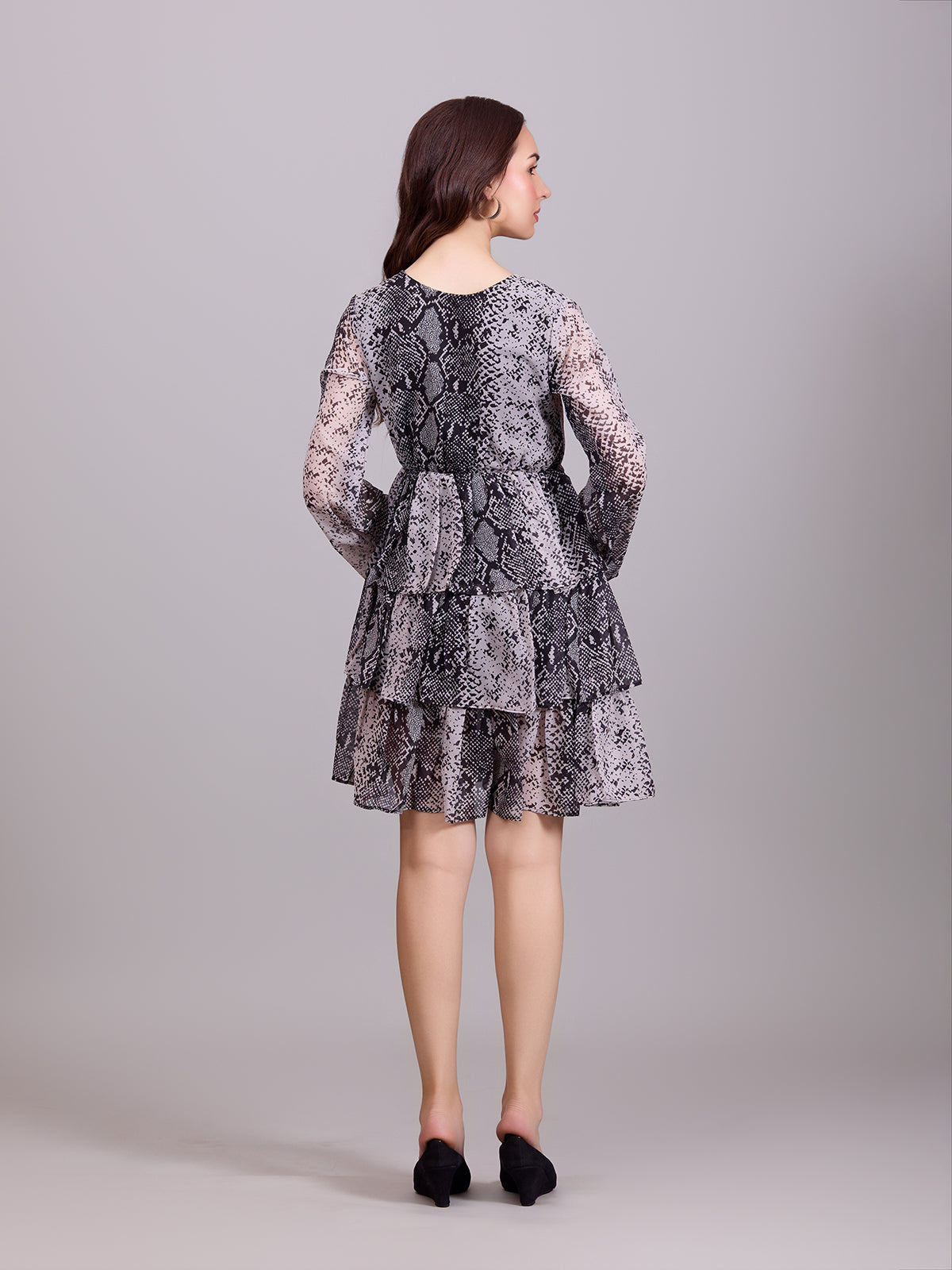 Stylish Grey Poly Rayon V-Neck Dress With Snake Print & Puff Sleeves