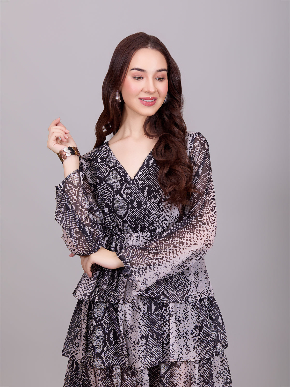 Stylish Grey Poly Rayon V-Neck Dress With Snake Print & Puff Sleeves