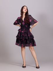 Chic Black Georgette Flower Print Dress