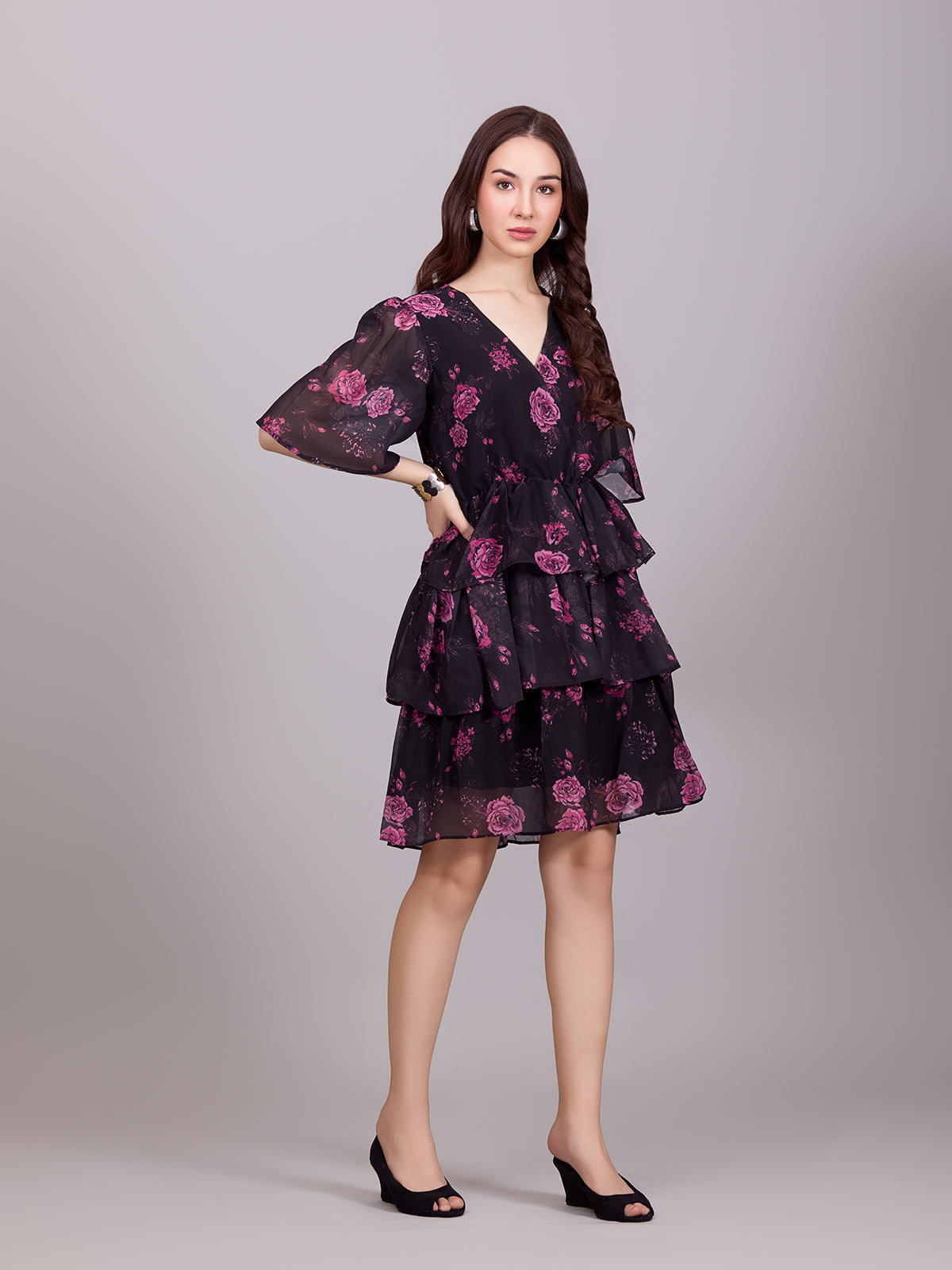 Ravising Black Poly Rayon V-Neck Dress With Flower Print & Bell Sleeve