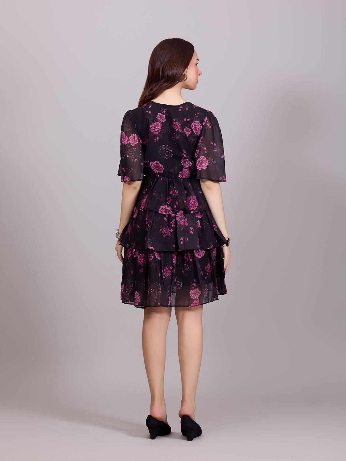 Ravising Black Poly Rayon V-Neck Dress With Flower Print & Bell Sleeve