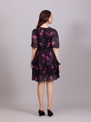 Ravising Black Poly Rayon V-Neck Dress With Flower Print & Bell Sleeve