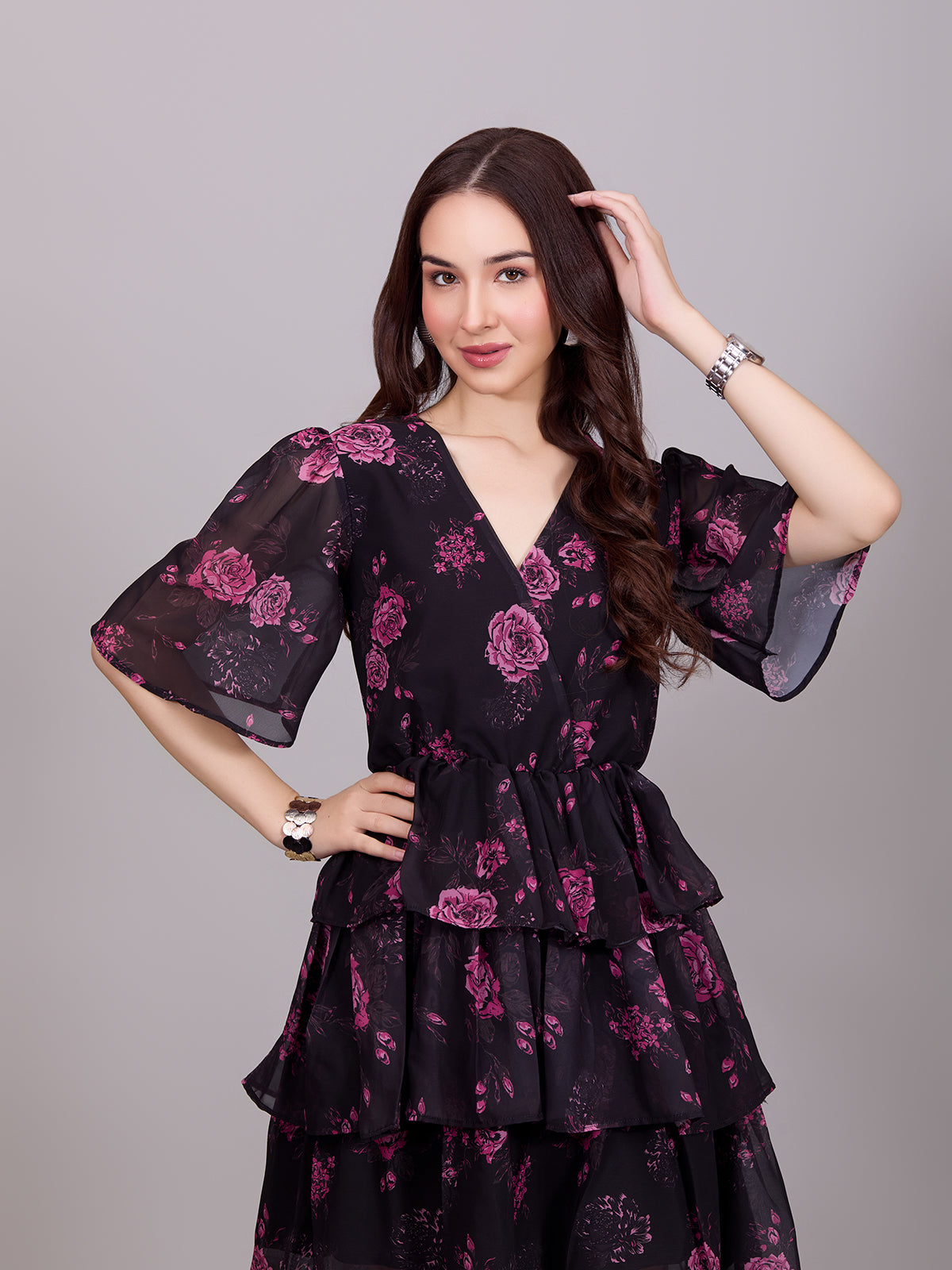 Ravising Black Poly Rayon V-Neck Dress With Flower Print & Bell Sleeve