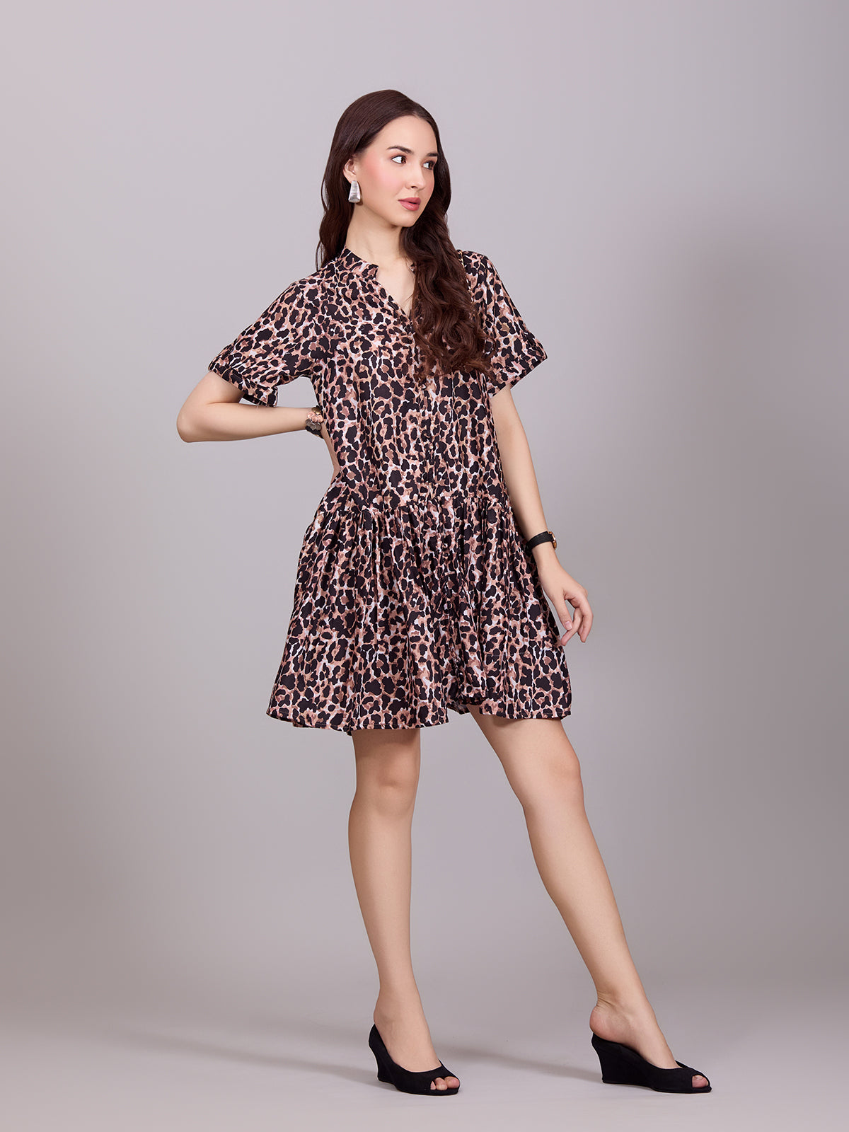 Chic Brown Poly Rayon Leaopard Print Dress