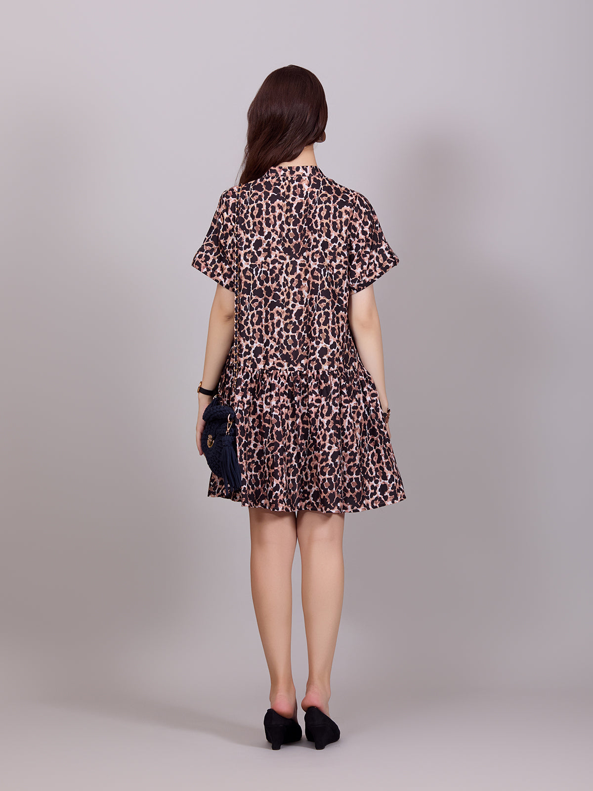 Chic Brown Poly Rayon Leaopard Print Dress