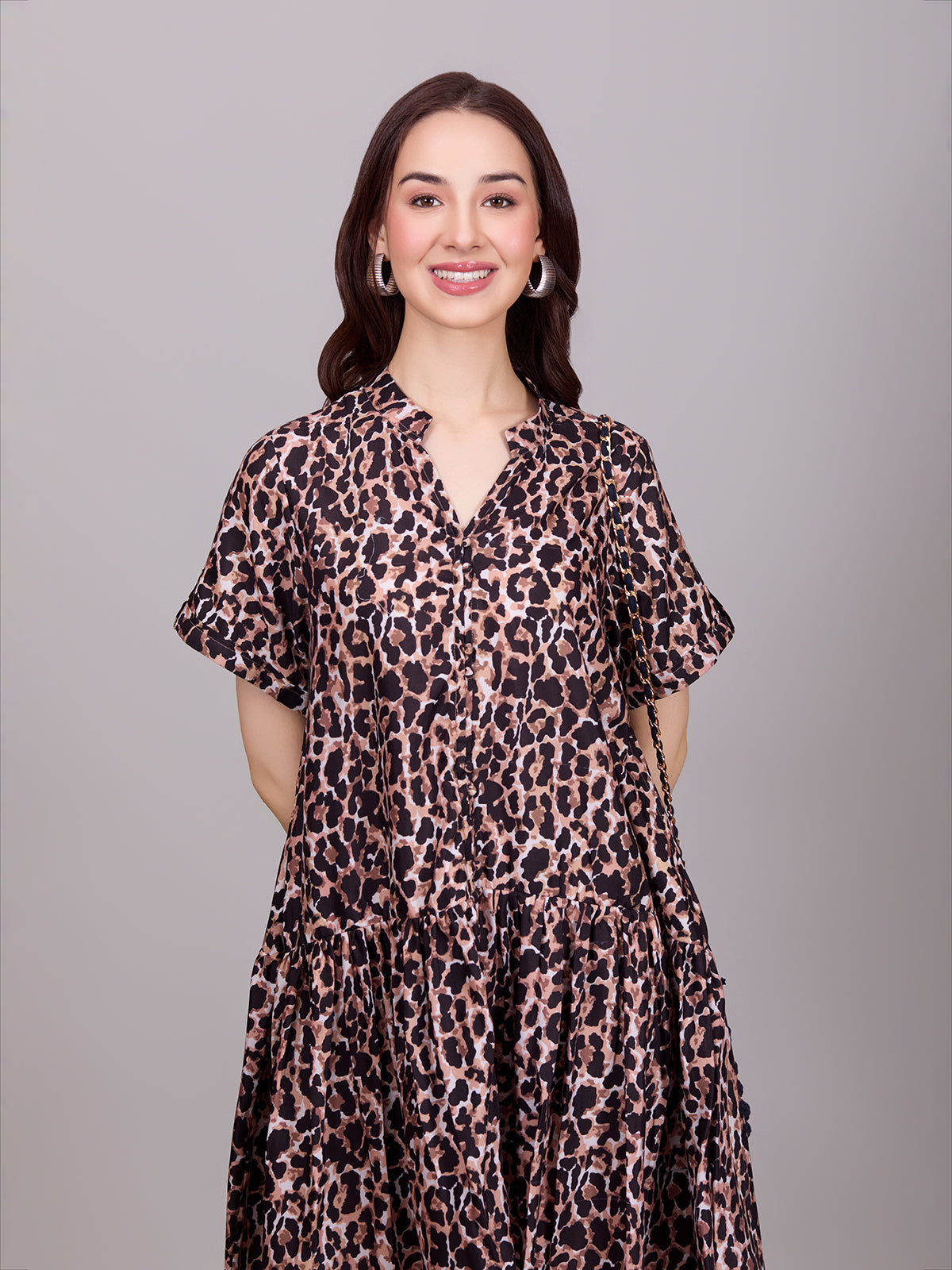 Chic Brown Poly Rayon Leaopard Print Dress