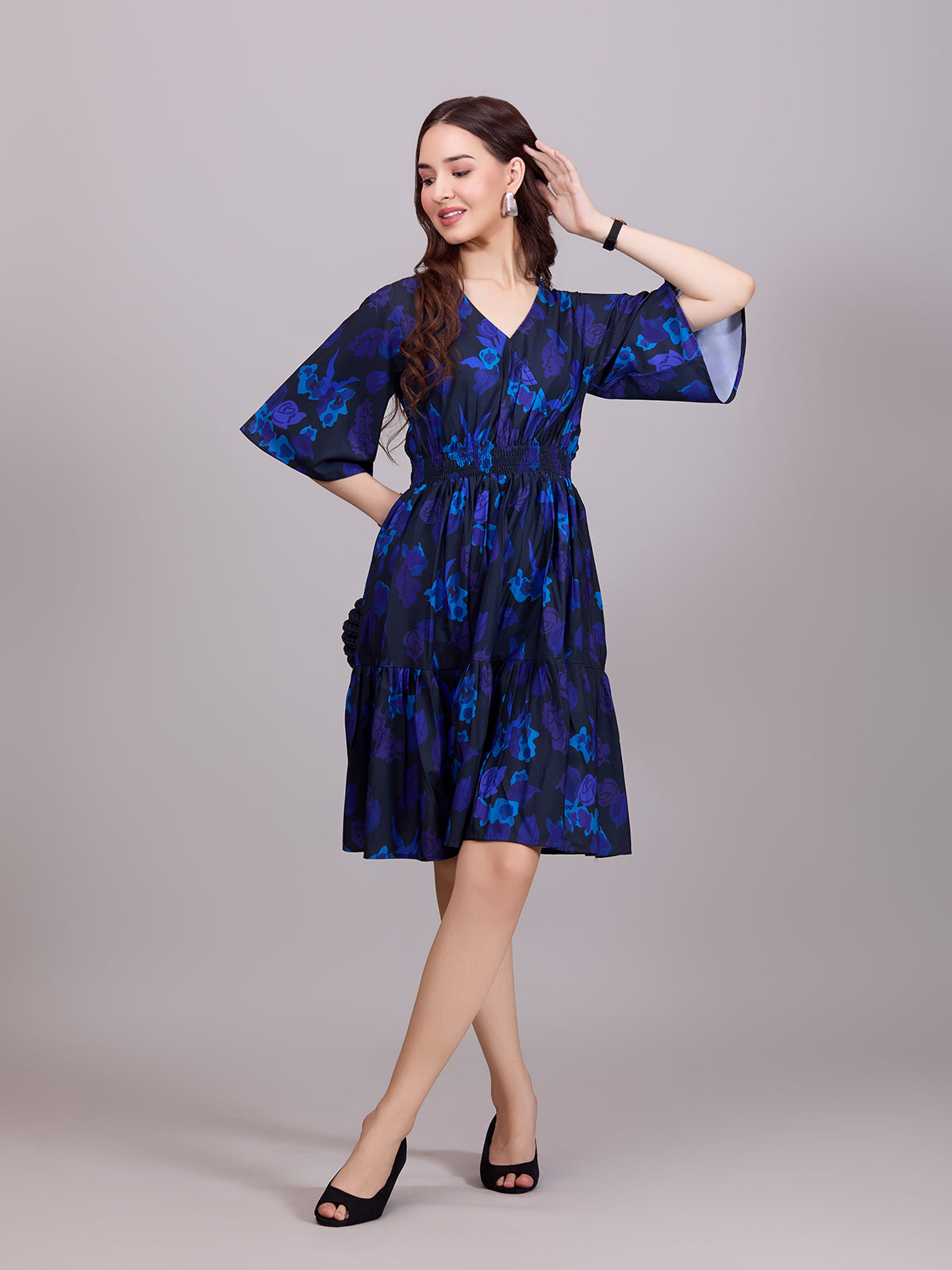 Chic Blue Crepe Floral Print Dress