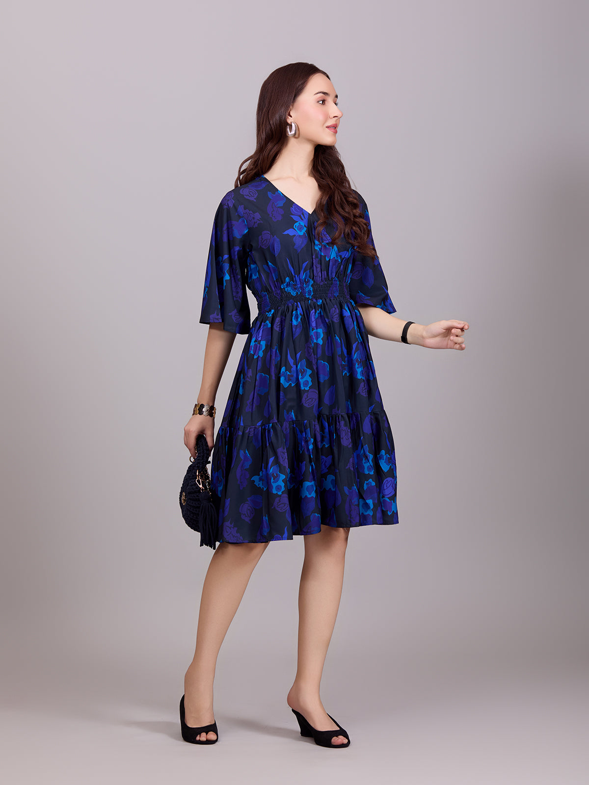 Chic Blue Poly Rayon V-Neck Dress With Floral Print & Kaftan Sleeve