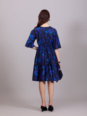 Chic Blue Poly Rayon V-Neck Dress With Floral Print & Kaftan Sleeve