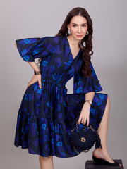 Chic Blue Poly Rayon V-Neck Dress With Floral Print & Kaftan Sleeve