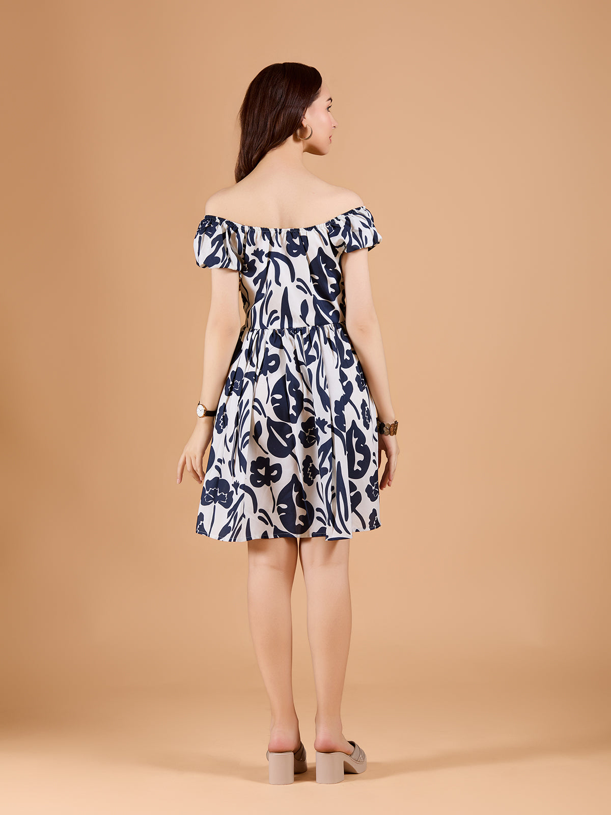 Stylish Dark Blue Poly Rayon V-Neck Dress With Floral Print & Off-shoulder