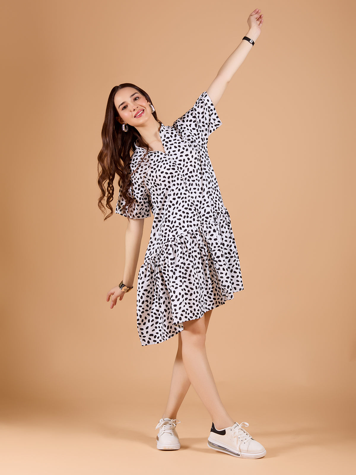 Chic White Poly Rayon Polka Dots Dress