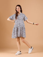 Ravising White Poly Rayon V-Neck Dress With Polka Dots & Regular Sleeve