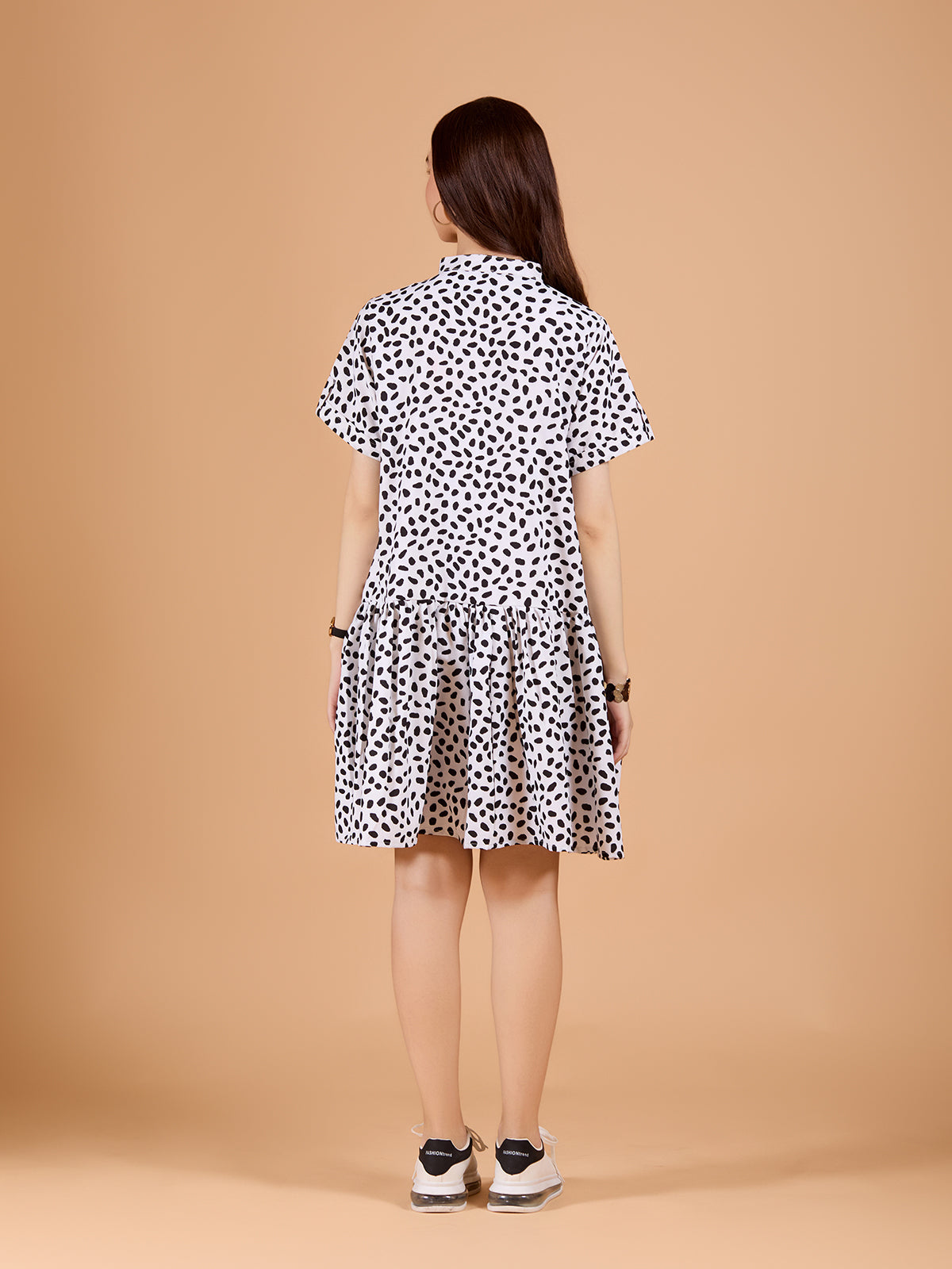 Ravising White Poly Rayon V-Neck Dress With Polka Dots & Regular Sleeve