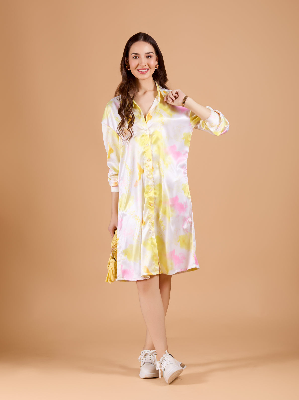 Stylish White Printed Collared Poly Satin Shirt Dress with Long Sleeves