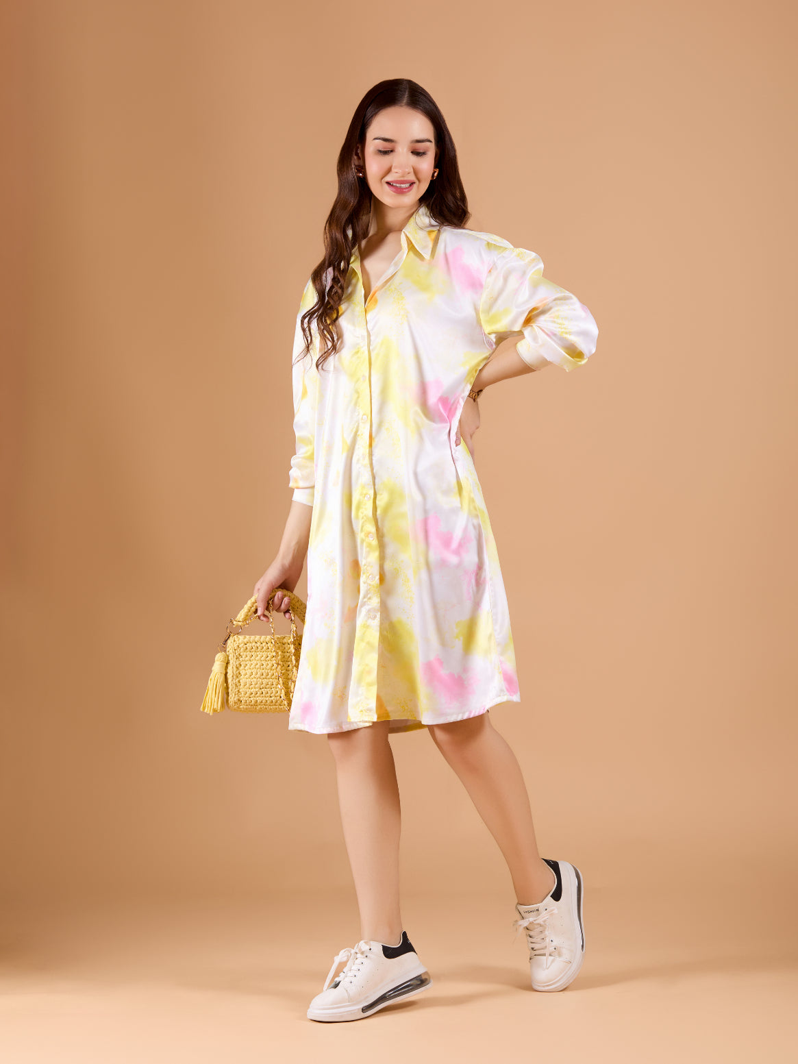 Stylish White Printed Collared Poly Satin Shirt Dress with Long Sleeves