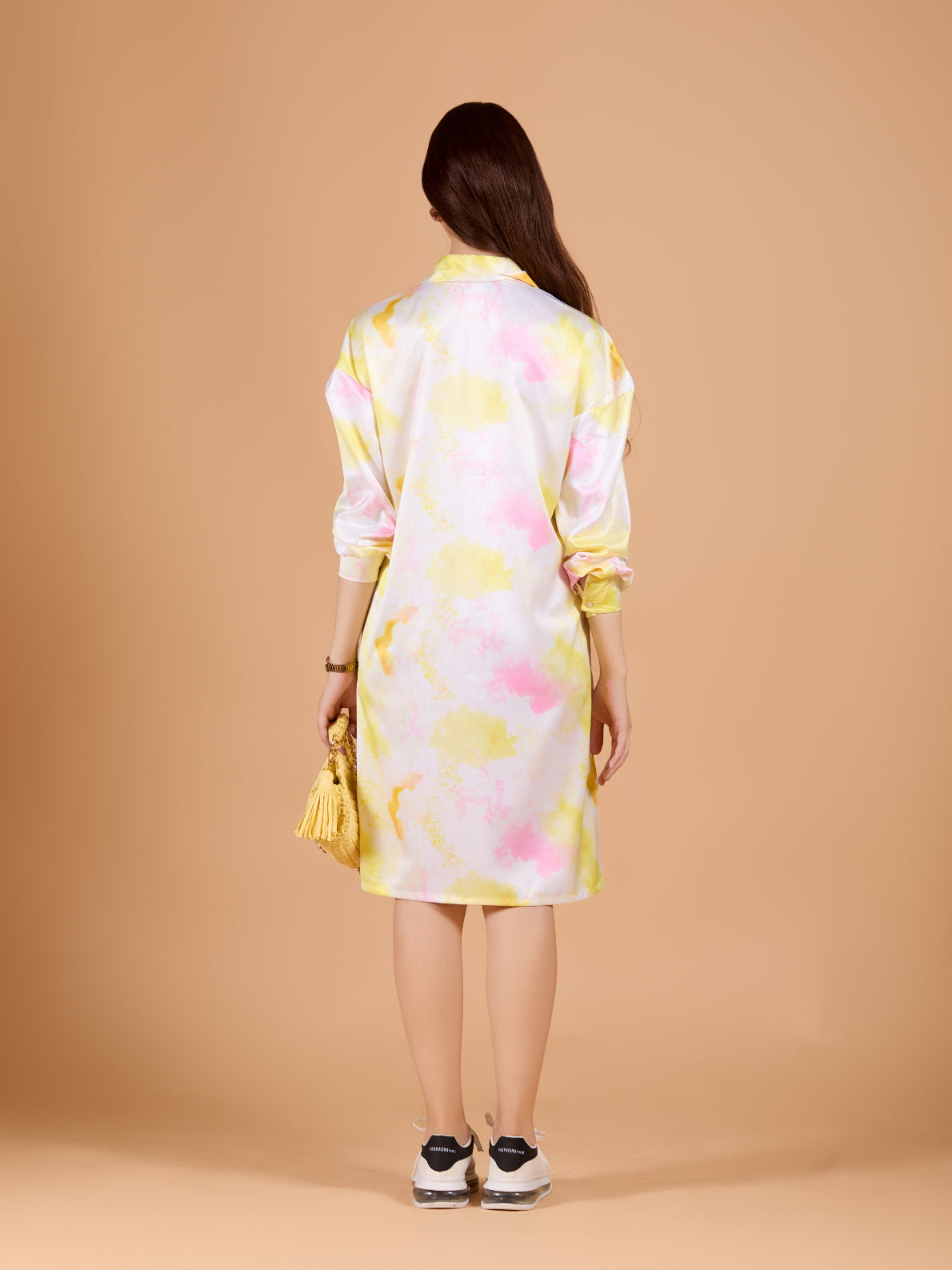 Stylish White Printed Collared Poly Satin Shirt Dress with Long Sleeves