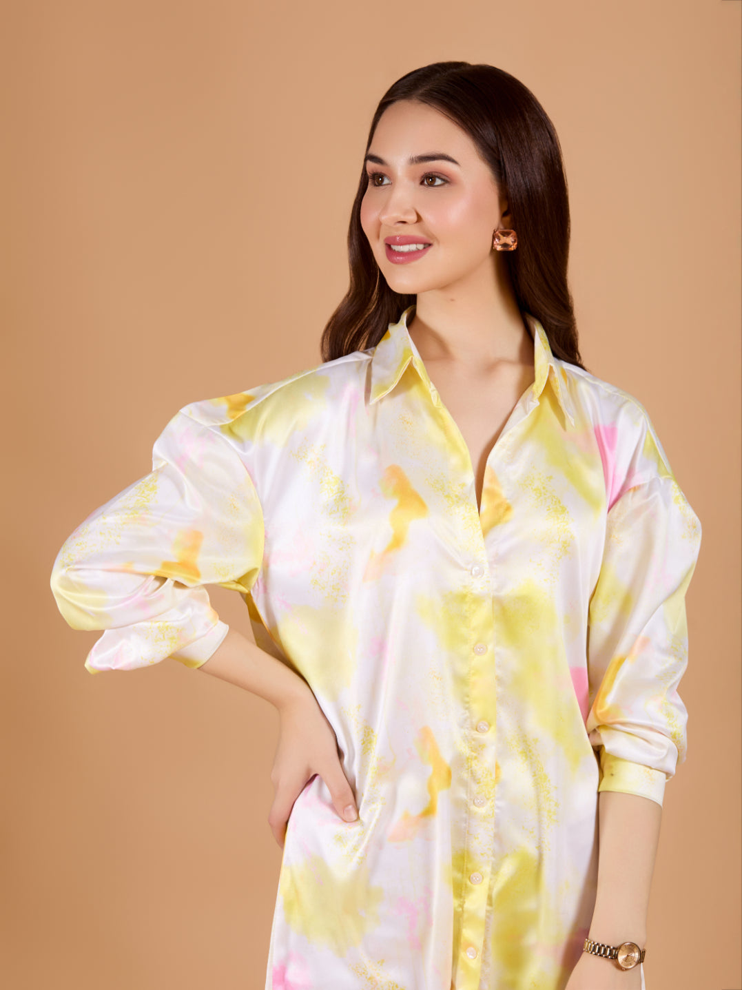 Stylish White Printed Collared Poly Satin Shirt Dress with Long Sleeves