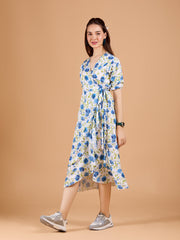 Ravising White Poly Rayon V-Neck Dress With Floral Print & Puff Sleeves