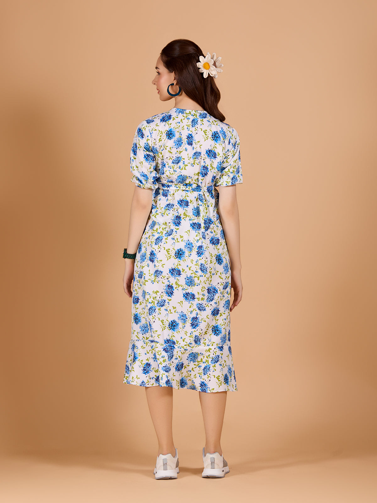 Ravising White Poly Rayon V-Neck Dress With Floral Print & Puff Sleeves