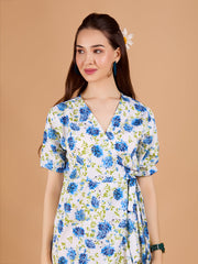 Ravising White Poly Rayon V-Neck Dress With Floral Print & Puff Sleeves