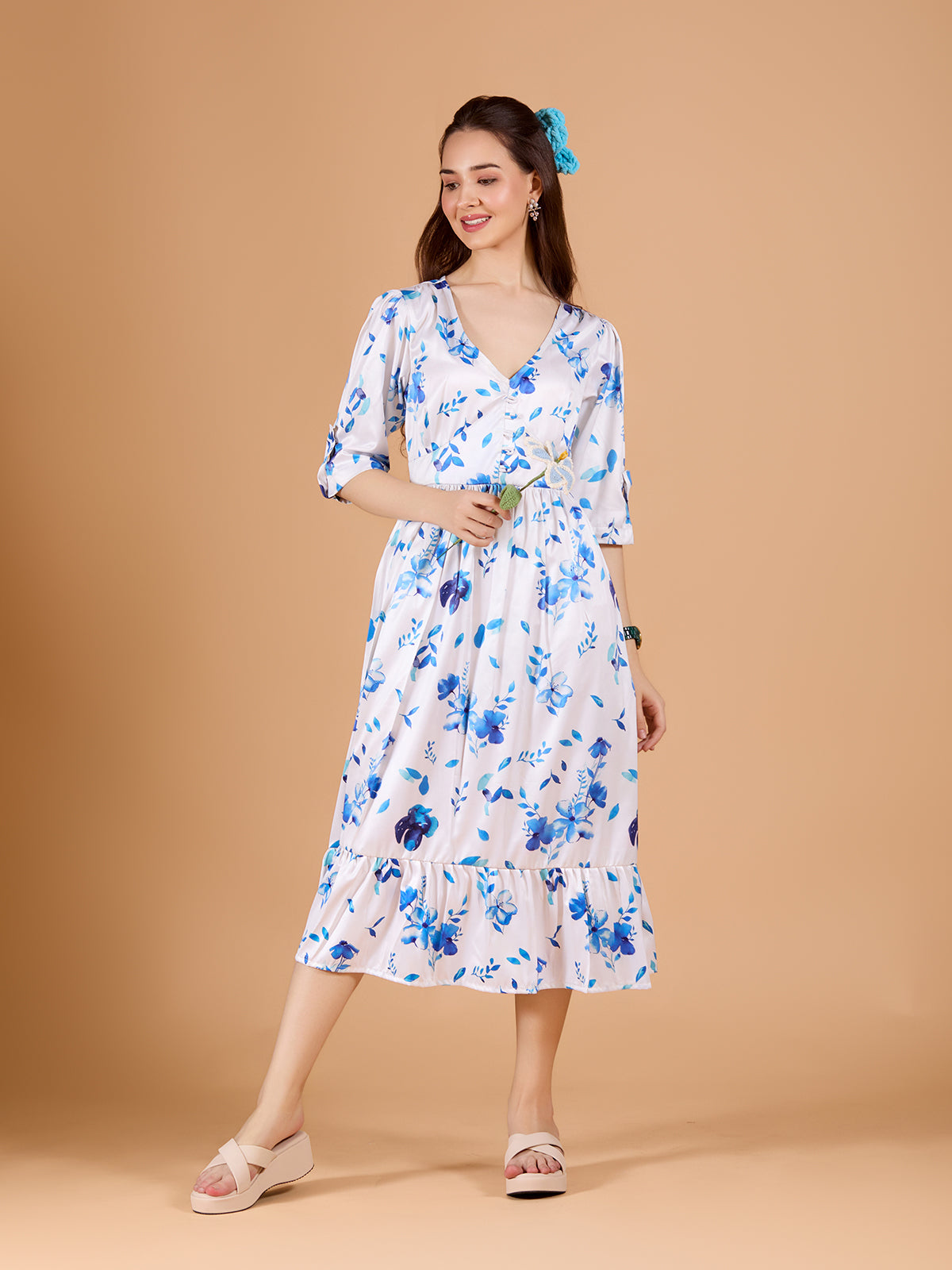 Chic White Poly Satin Floral Print Dress