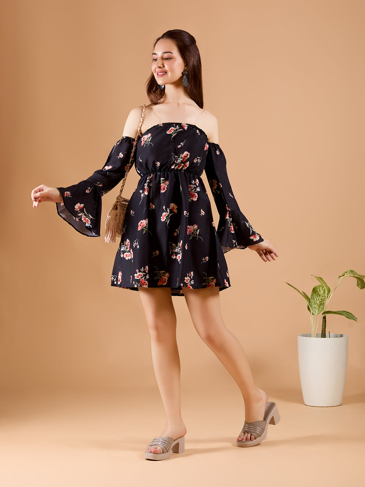 Chic Black Poly Rayon Flower Print Dress