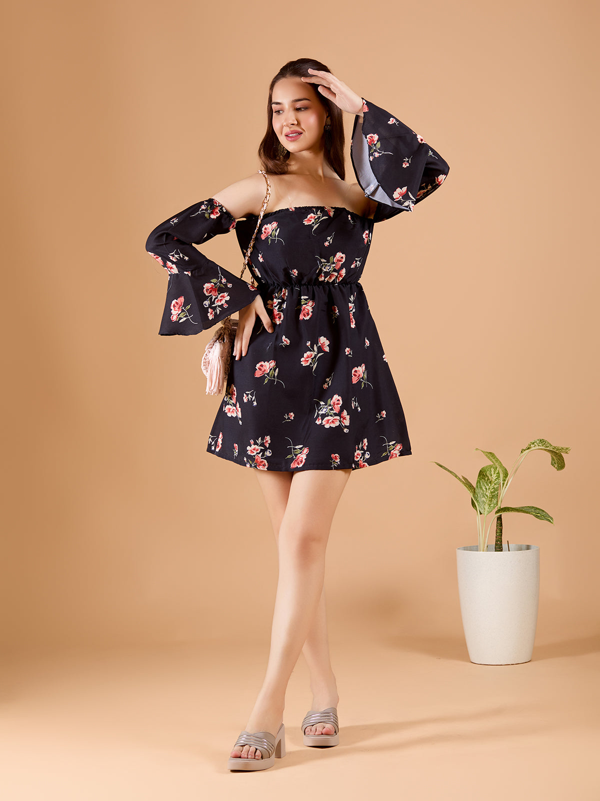 Chic Black Poly Rayon Tube Dress With Flower Print & Bell Sleeve