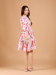 Stylish White Poly Rayon V-Neck Dress With Floral Print & Kimono Sleeve