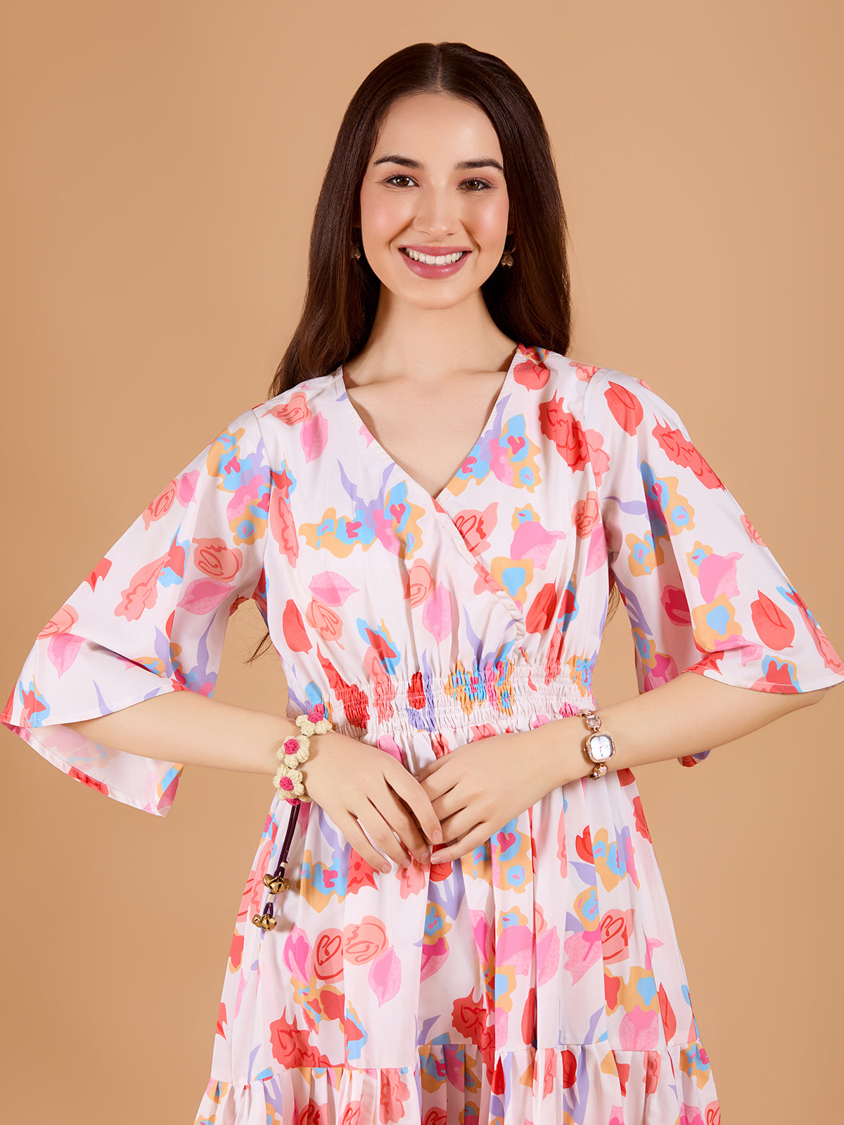 Stylish White Poly Rayon V-Neck Dress With Floral Print & Kimono Sleeve