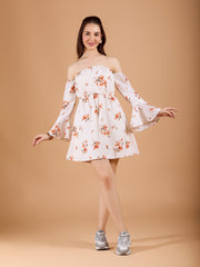 Chic Off White Crepe Flower Print Dress