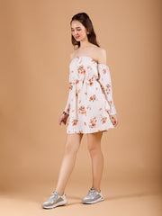 Chic Off White Poly Rayon Tube Dress With Flower Print & Bell Sleeve