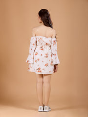 Chic Off White Poly Rayon Tube Dress With Flower Print & Bell Sleeve