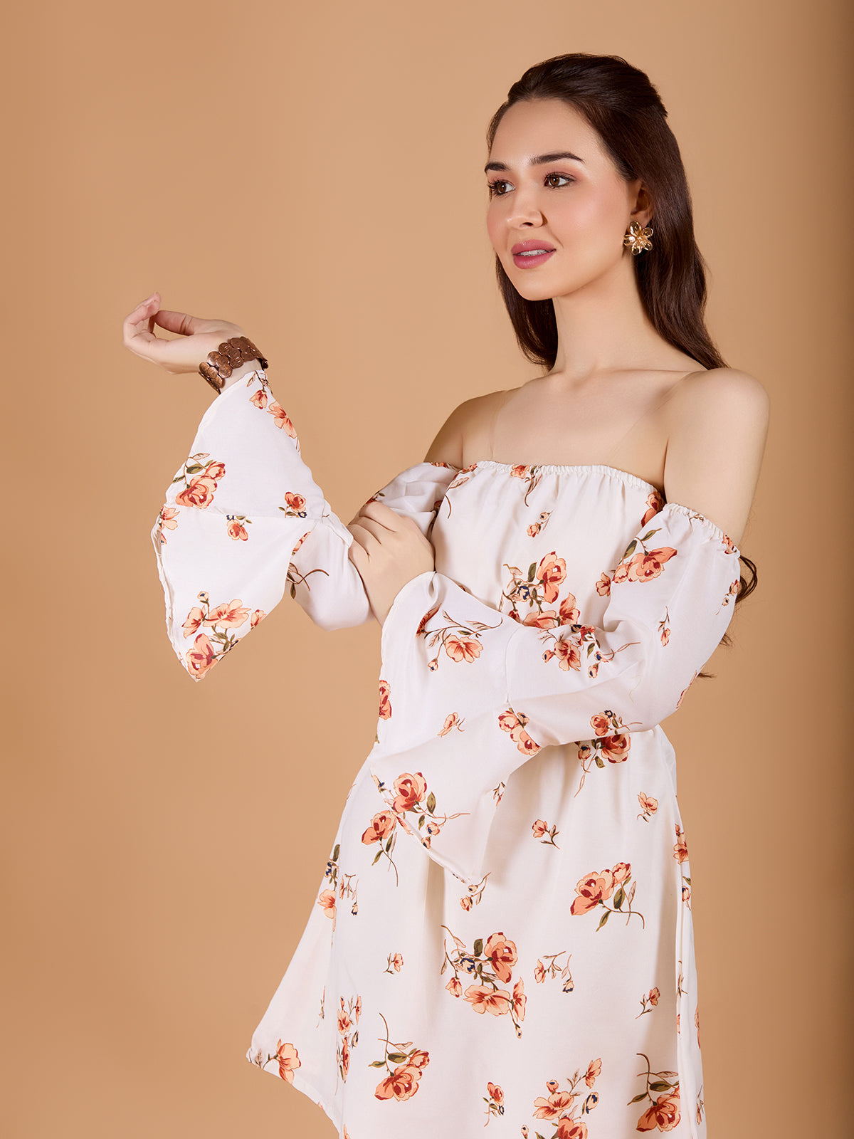 Chic Off White Poly Rayon Tube Dress With Flower Print & Bell Sleeve