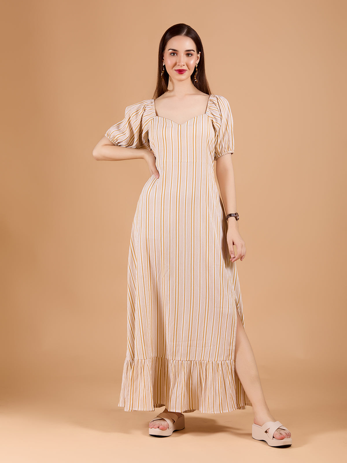 Chic Beige Poly Rayon Stripe Print Dress