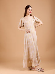 Ravising Beige Poly Crepe V-Neck Dress With Stripe Print & Puff Sleeves