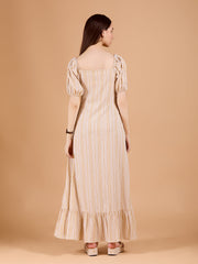 Ravising Beige Poly Crepe V-Neck Dress With Stripe Print & Puff Sleeves