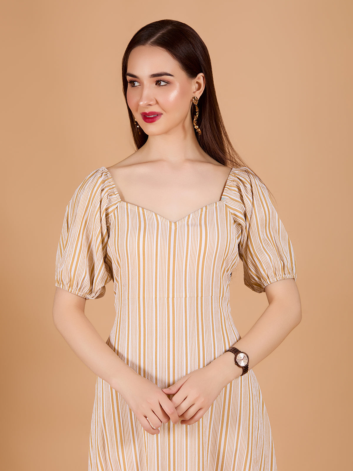 Ravising Beige Poly Crepe V-Neck Dress With Stripe Print & Puff Sleeves