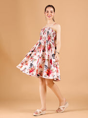 Stylish Light Pink Poly Rayon Tube Dress With Floral Print & Strappy