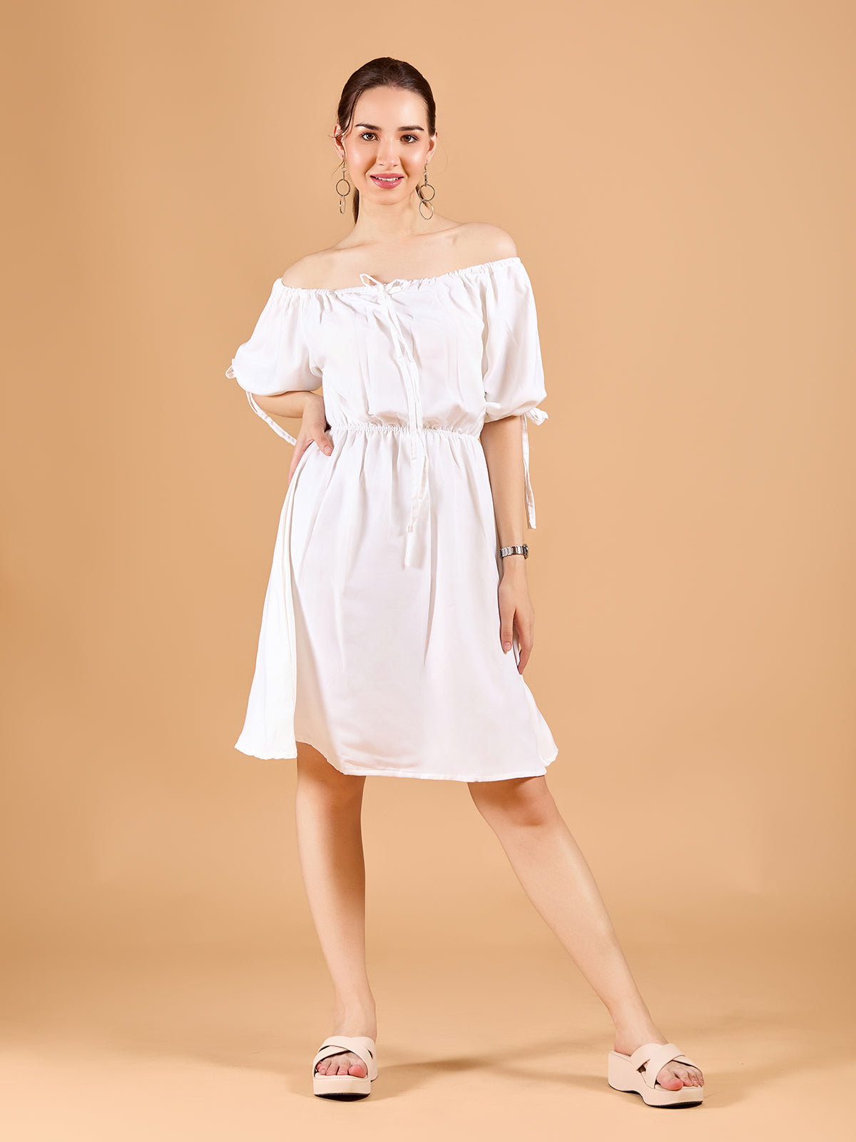 Chic White Poly Rayon Solid Dress