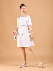 Ravising White Poly Rayon Tube Dress With Solid & Off-shoulder