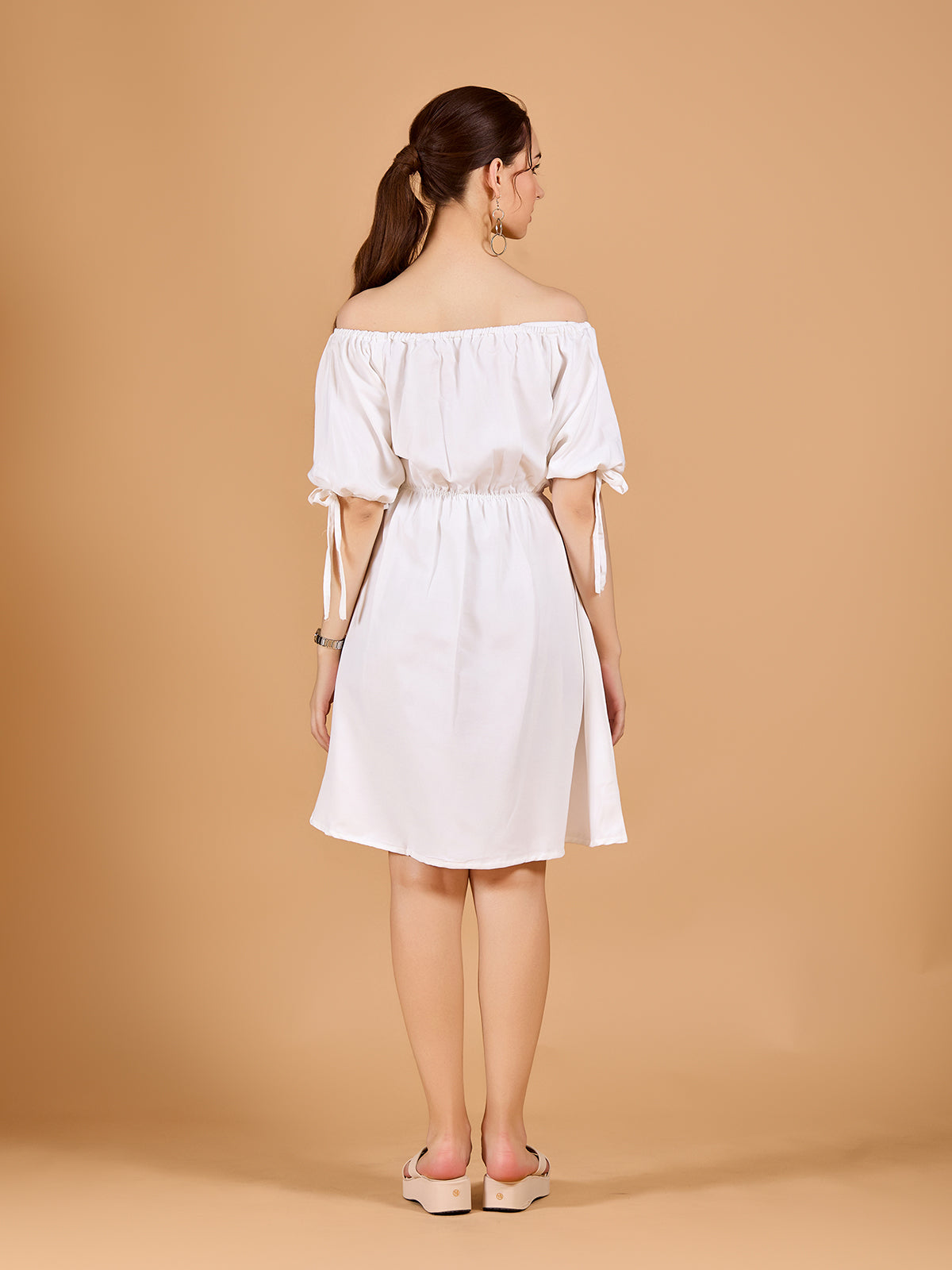 Ravising White Poly Rayon Tube Dress With Solid & Off-shoulder