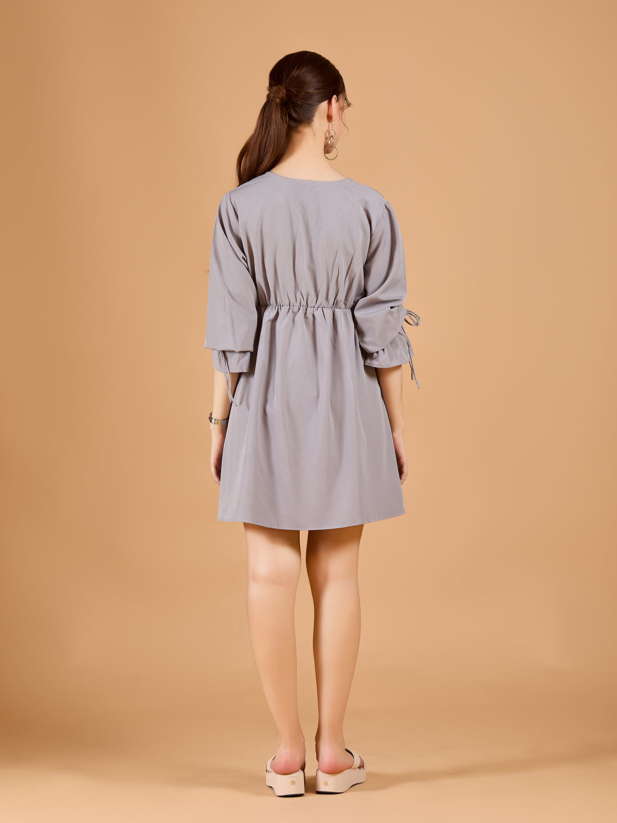 Elegant Grey Crepe V-Neck Dress With Solid & Puff Sleeves