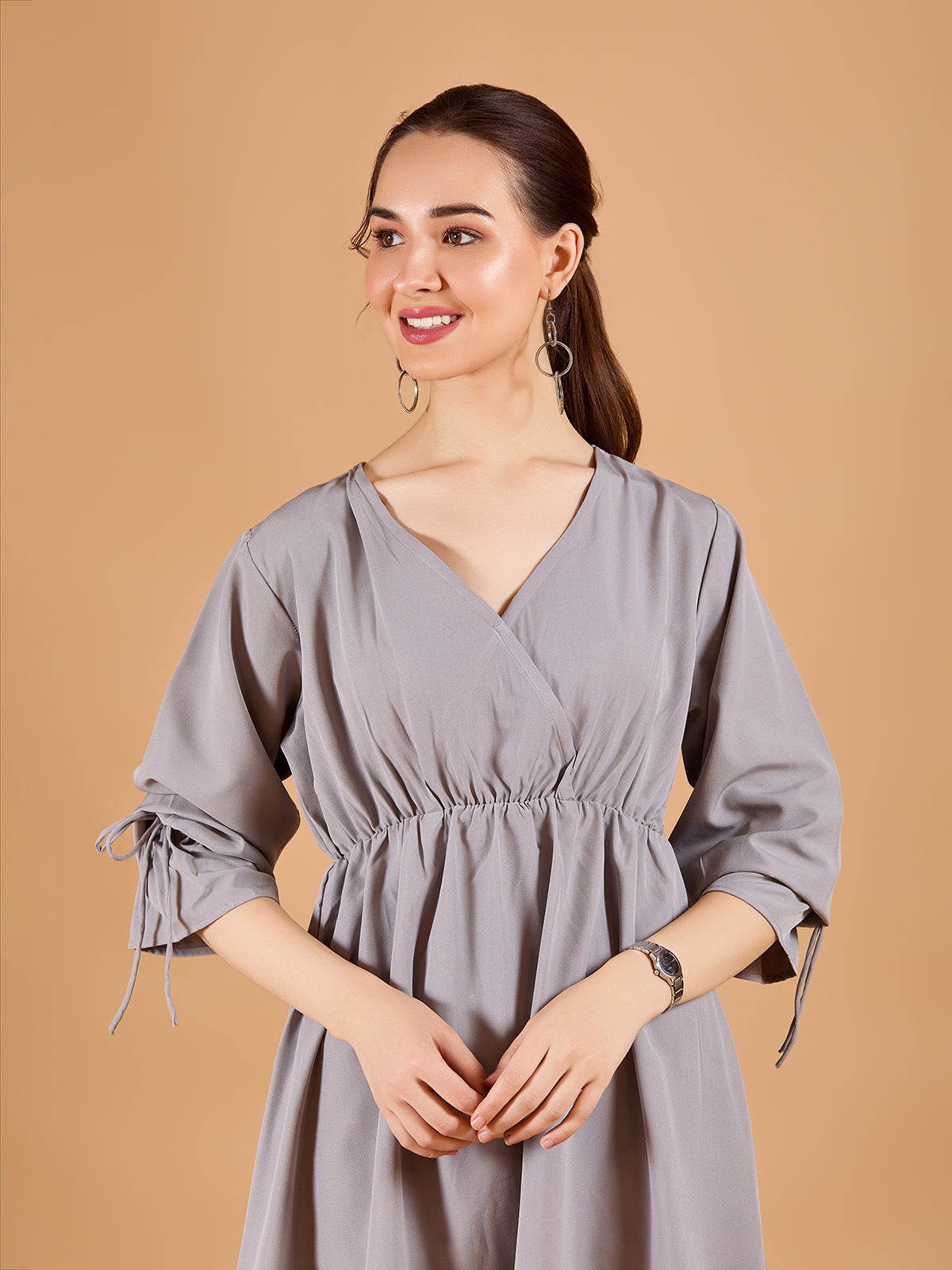 Elegant Grey Crepe V-Neck Dress With Solid & Puff Sleeves