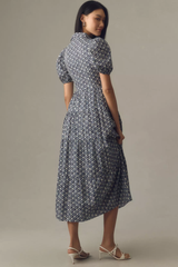 Stylish Black Poly Rayon V-Neck Dress With Geometric & Balloon Sleeve
